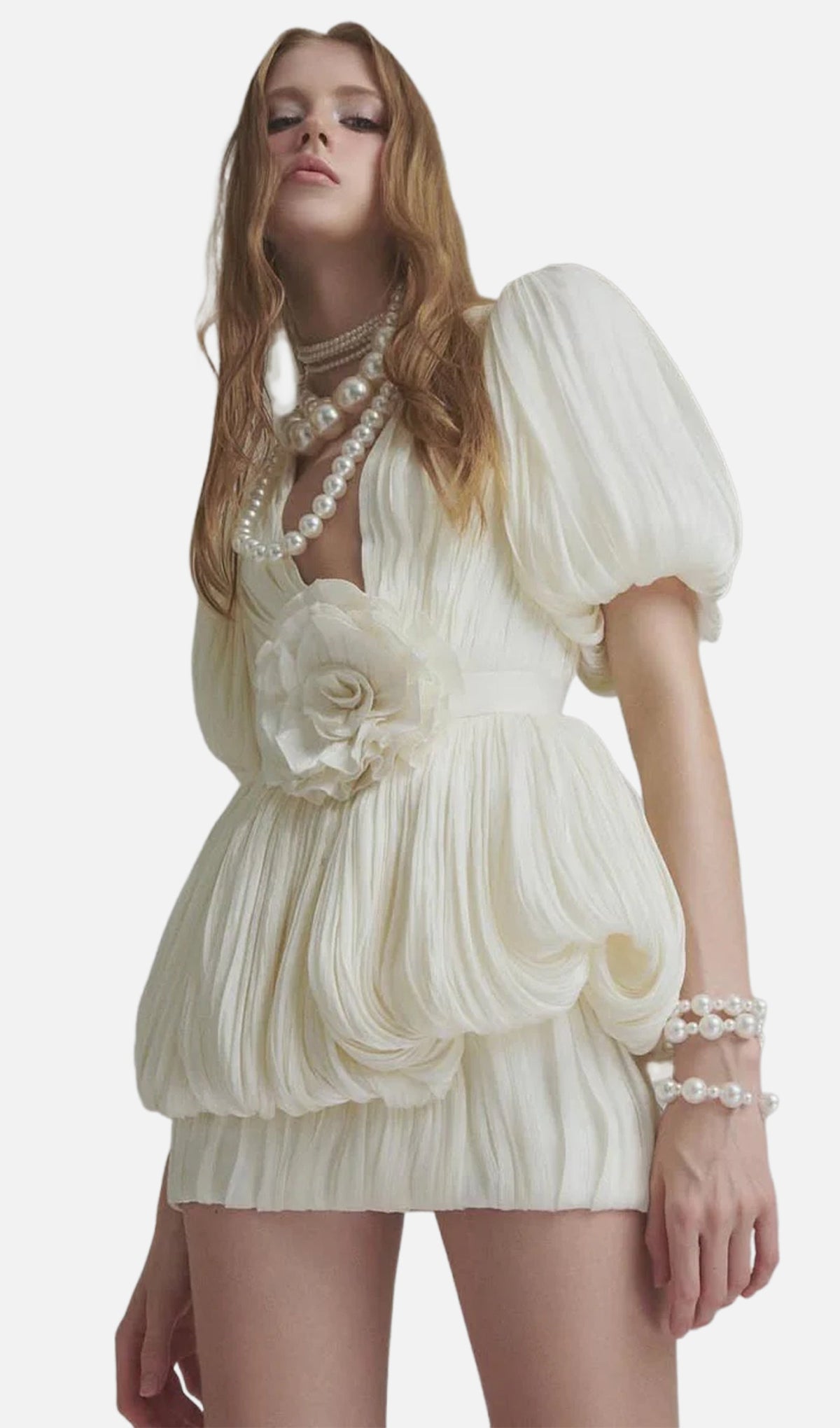 V Neck 3D Floral Pleated Mini Dress