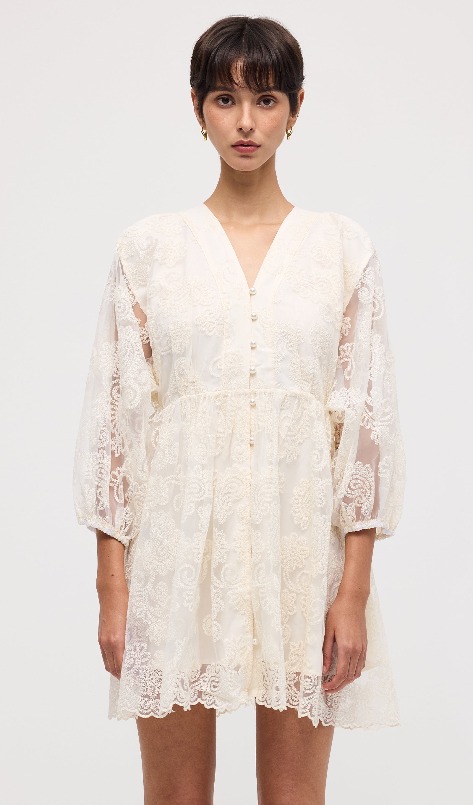 V Neck Embroidery Lace Mini Dress