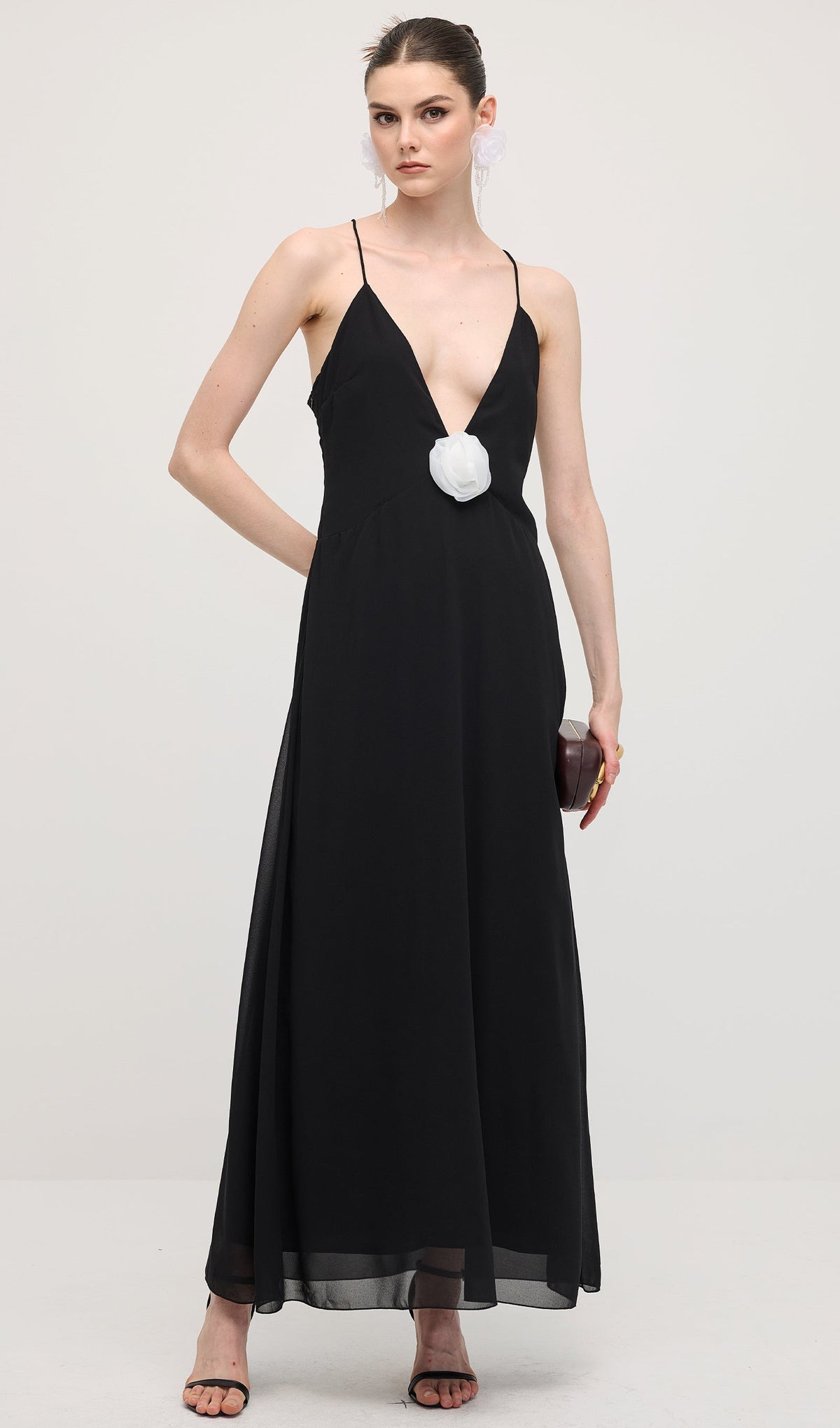 V Neck Halter Maxi Dress In Black