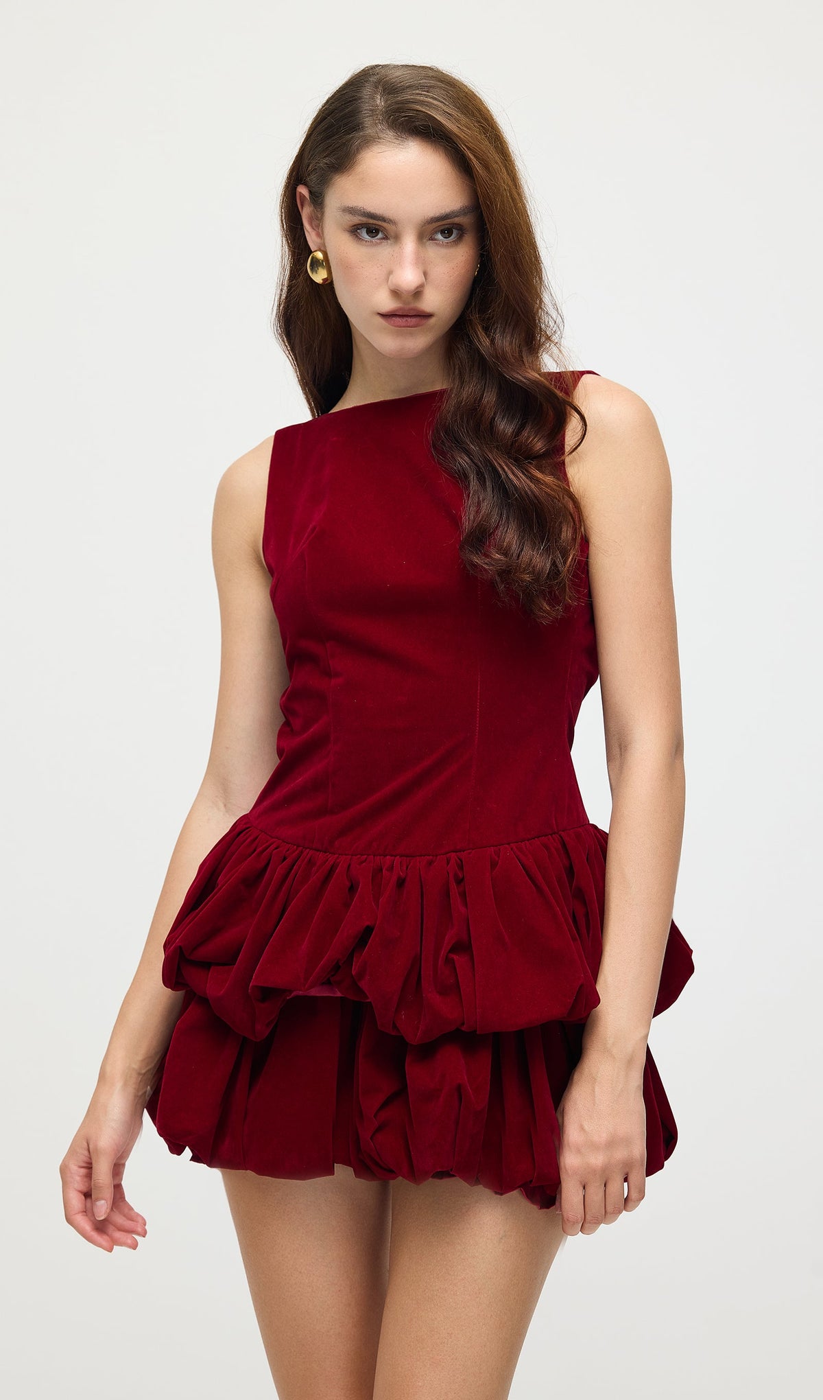 Velvet Tiered Mini Dress In Red