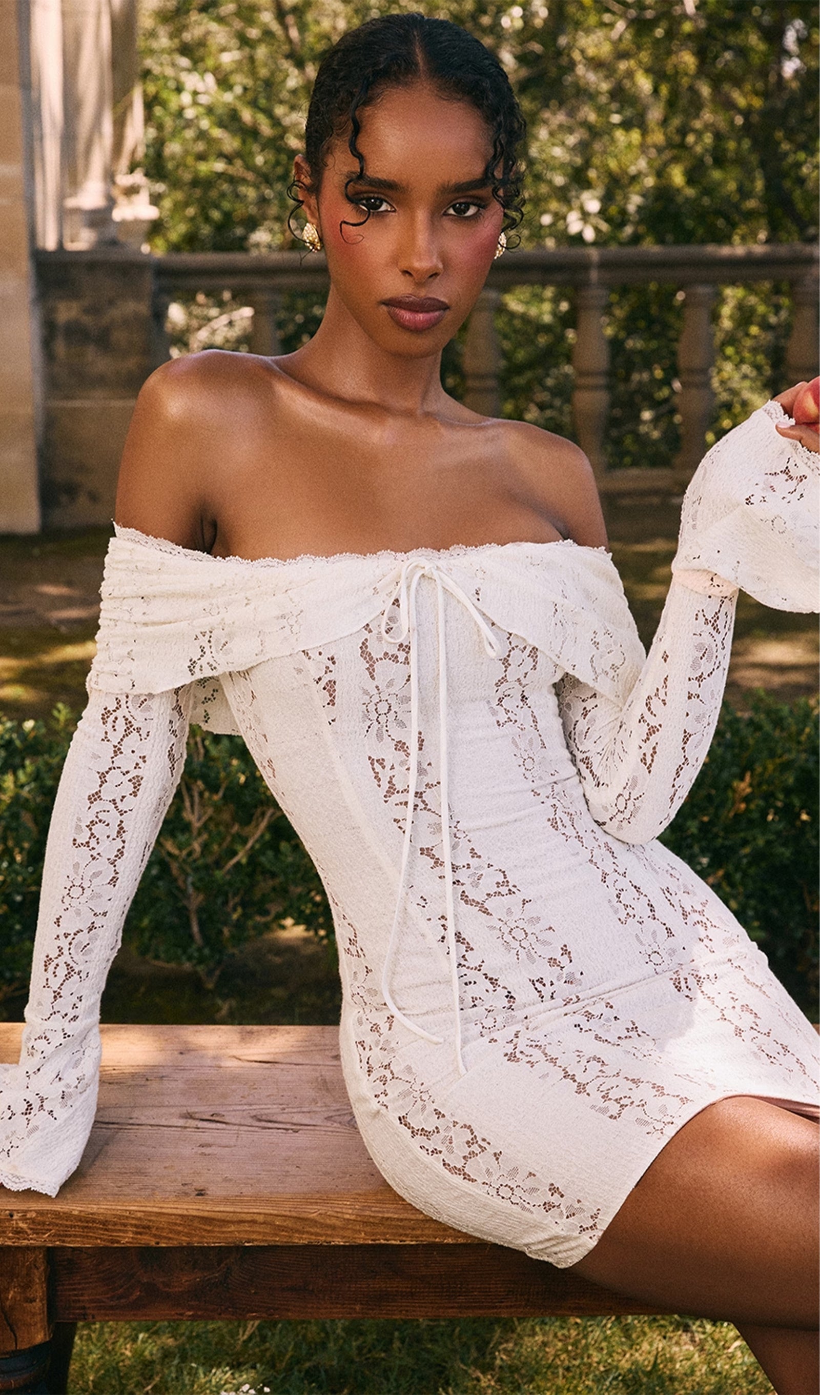 Vintage Floral Lace Off Shoulder Mini Dress