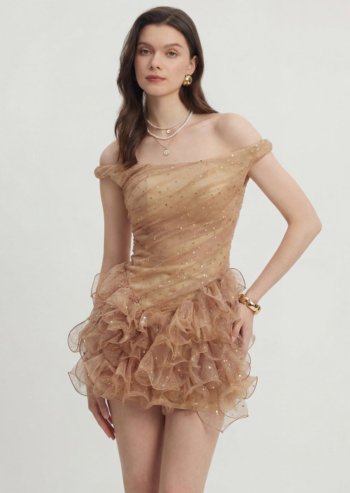 Off Shoulder Ruffled Mesh Mini Dress